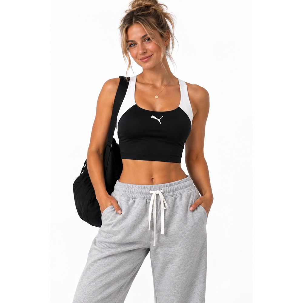 Puma Sports Bra Women XL Black White Racerback Mesh Activewear Gym Top